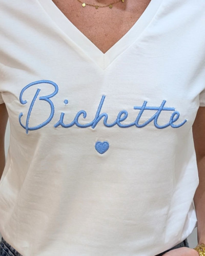 T-Shirt femme écru broderie bichette bleu ciel