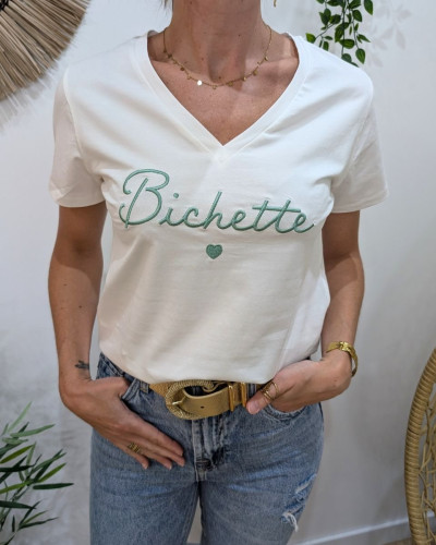 T-Shirt femme écru broderie bichette vert agate