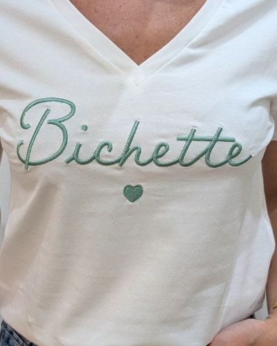 T-Shirt femme écru broderie bichette vert agate