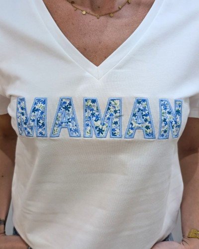 T-Shirt femme blanc Maman bleu