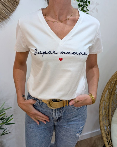 T-Shirt femme blanc Super maman bleu marine