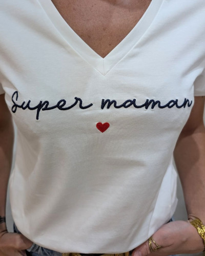 T-Shirt femme blanc Super maman bleu marine