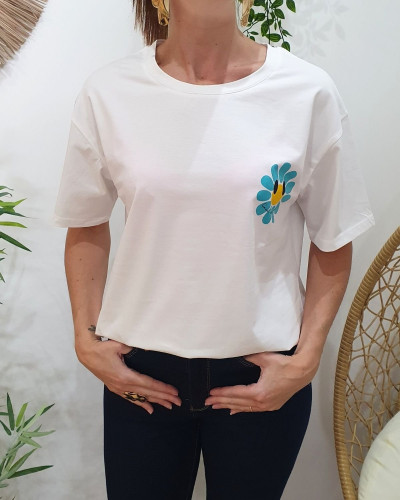 T-Shirt femme blanc fleurs good vibes Only bleu et jaune