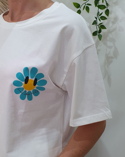 T-Shirt femme blanc fleurs good vibes Only bleu et jaune