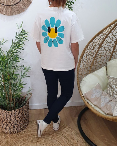 T-Shirt femme blanc fleurs good vibes Only bleu et jaune