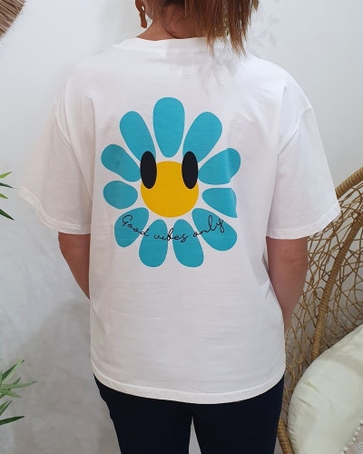 T-Shirt femme blanc fleurs good vibes Only bleu et jaune