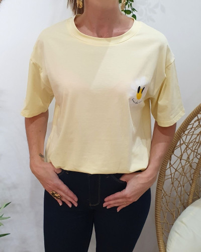 T-Shirt femme jaune fleurs good vibes Only