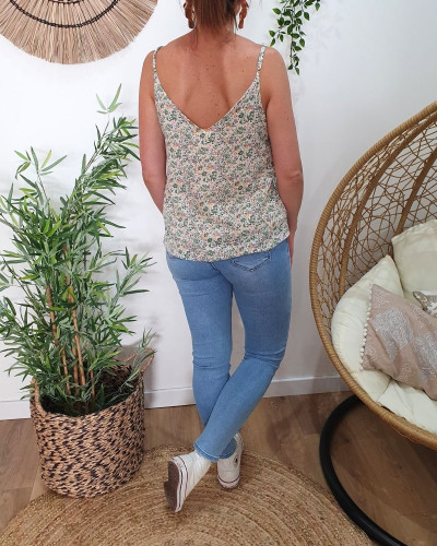 Top femme à bretelles écru petites fleurs vertes Sophie