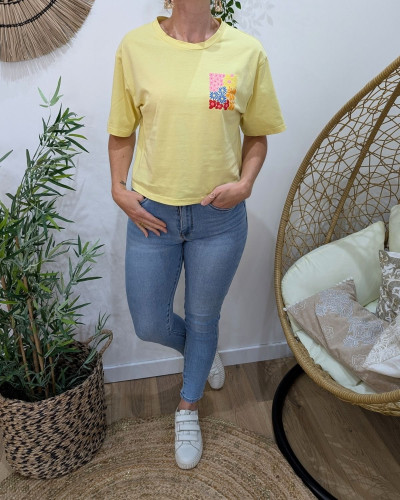 T-Shirt femme jaune carré floral
