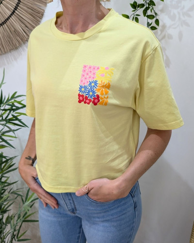 T-Shirt femme jaune carré floral