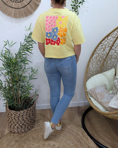 T-Shirt femme jaune carré floral