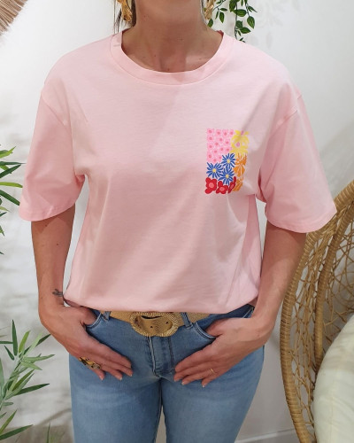 T-Shirt femme rose carré floral
