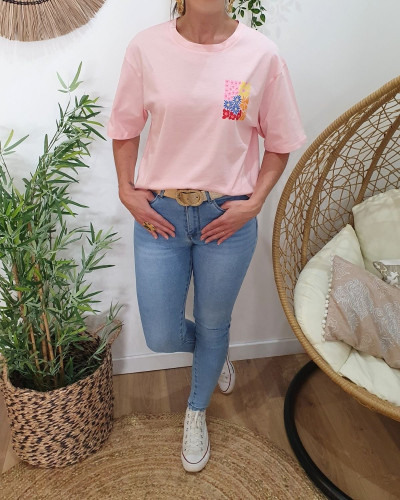 T-Shirt femme rose carré floral
