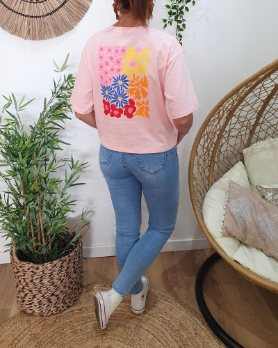 T-Shirt femme rose carré floral