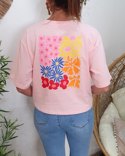 T-Shirt femme rose carré floral