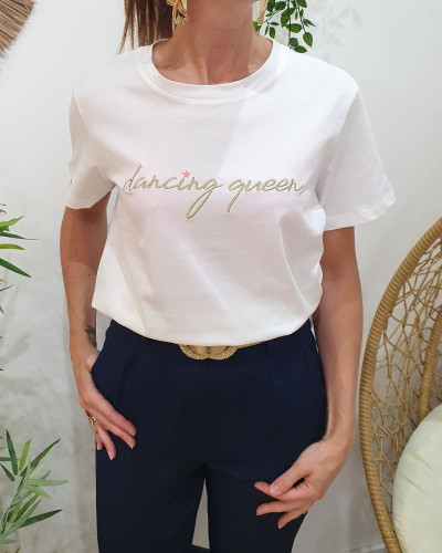 T-shirt femme écru broderie dancing queen dorée et rose