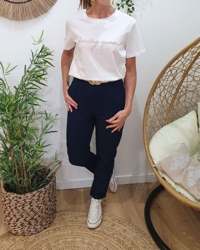 T-shirt femme écru broderie dancing queen dorée et rose