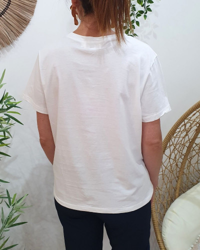 T-shirt femme écru broderie dancing queen dorée et rose