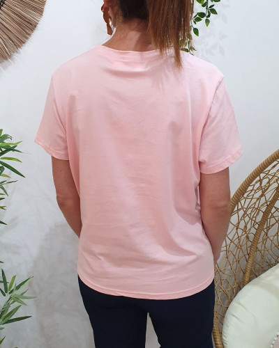 T-shirt femme rose broderie dancing queen bleue et dorée