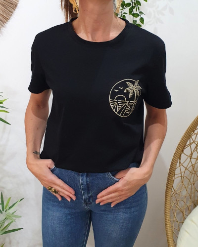 T-shirt femme noir broderie palmier surf dorée