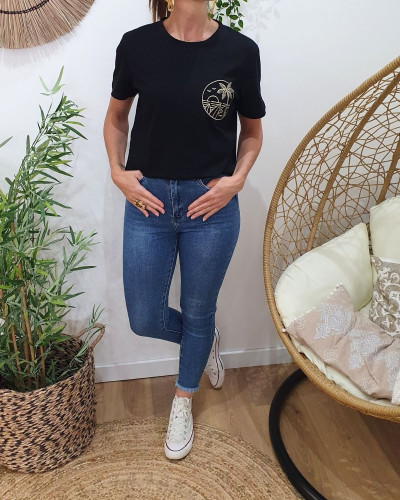T-shirt femme noir broderie palmier surf dorée