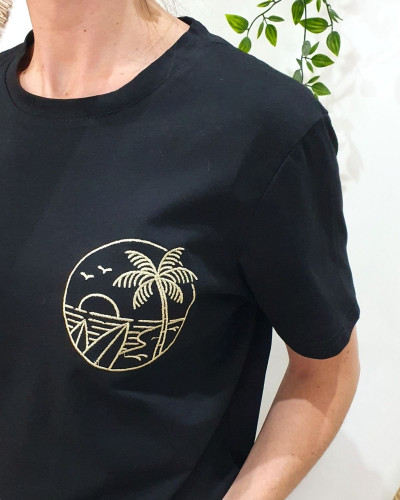 T-shirt femme noir broderie palmier surf dorée