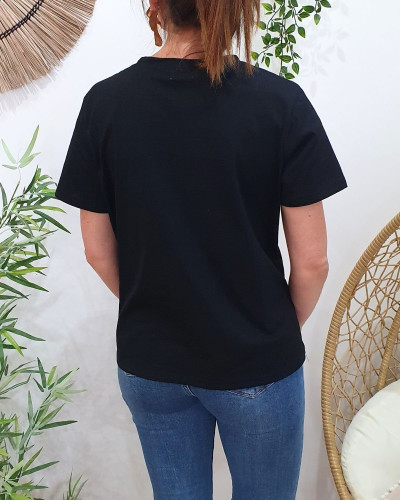 T-shirt femme noir broderie palmier surf dorée