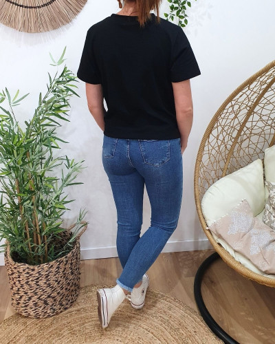T-shirt femme noir broderie palmier surf dorée