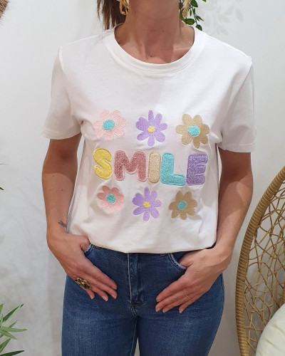 T-shirt femme blanc SMILE fleurs pastelles roses mauves bleues