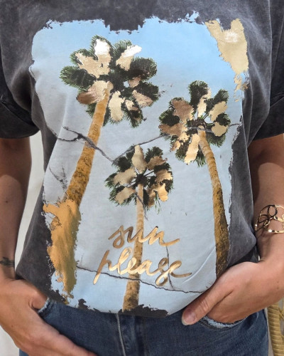 T-Shirt femme palmier sun please gris 
