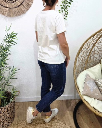 T-Shirt femme blanc broderie smile marron