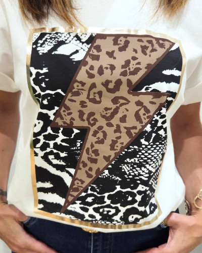 T-Shirt femme blanc éclair python léopard doré