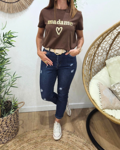 T-Shirt femme marron broderie madame dorée