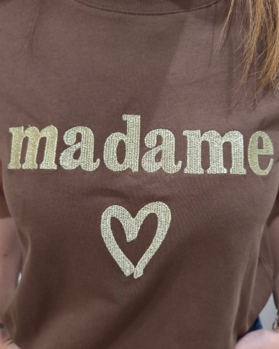 T-Shirt femme marron broderie madame dorée