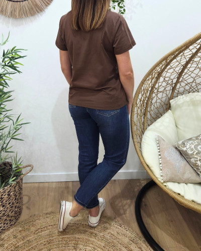 T-Shirt femme marron broderie madame dorée