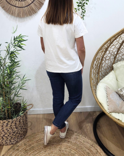 T-Shirt femme blanc broderie madame marron