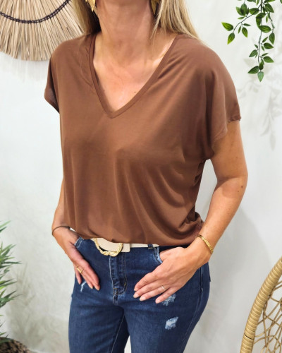 T-Shirt femme uni marron col V Irènea