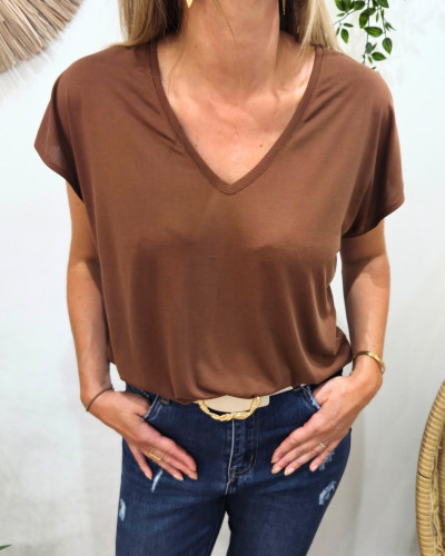 T-Shirt femme uni marron col V Irènea