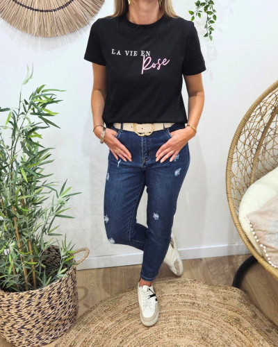 T-Shirt femme noir La vie en rose