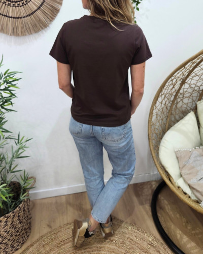 T-Shirt femme marron épaule boutons fleurs strass