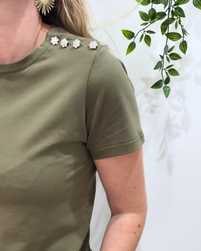 T-Shirt femme kaki épaule boutons fleurs strass