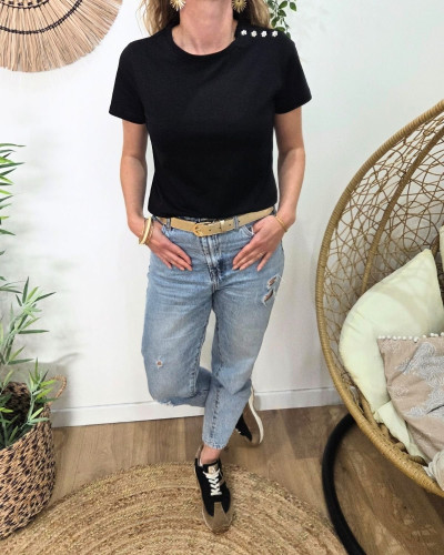 T-Shirt femme noir épaule boutons fleurs strass