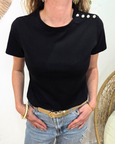 T-Shirt femme noir épaule boutons fleurs strass