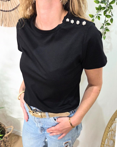 T-Shirt femme noir épaule boutons fleurs strass