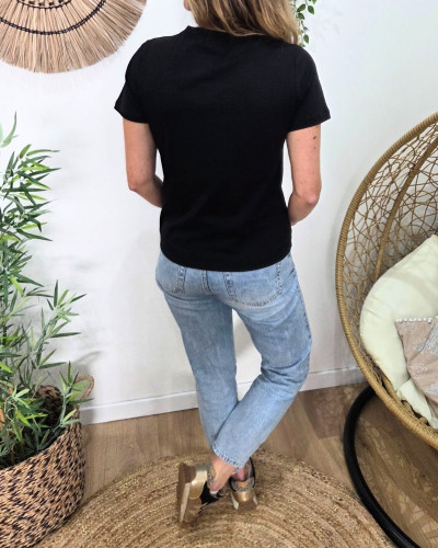 T-Shirt femme noir épaule boutons fleurs strass