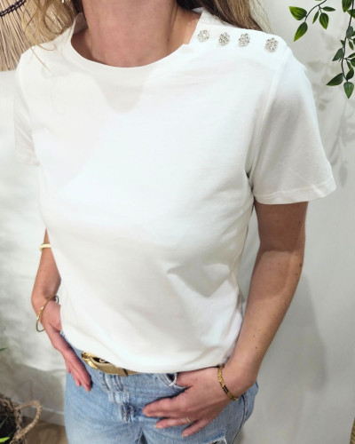T-Shirt femme blanc épaule boutons fleurs strass