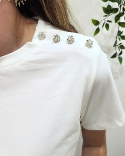 T-Shirt femme blanc épaule boutons fleurs strass