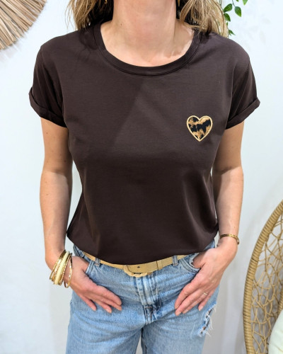 T-shirt femme marron coeur léopard taupe