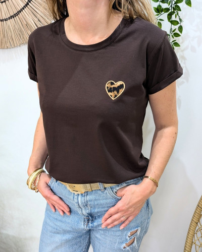 T-shirt femme marron coeur léopard taupe