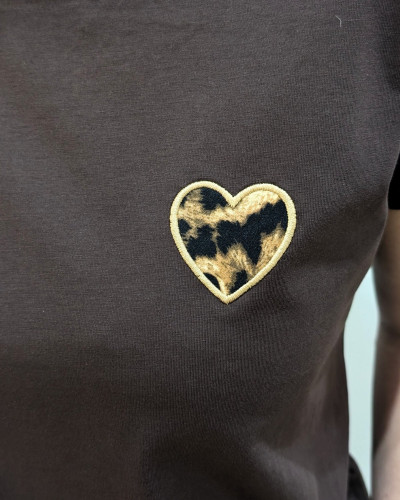 T-shirt femme marron coeur léopard taupe